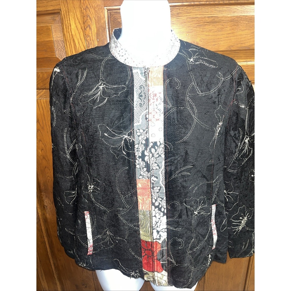 Chico's Black Size 3 Satin Asian Inspired Jacket Brocade Trim Multi Colored